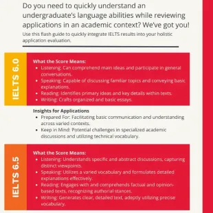Infographic titled 'IELTS at a glance for admissions professionals' summarizing what IELTS scores of 6.0 and 6.5 mean in terms of listening, speaking, reading, and writing skills, along with application insights. Includes a note that it is part of the 'Professional Series'
